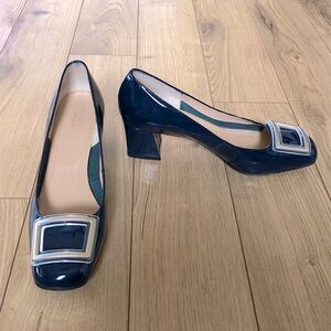 Women’s Scarlet Dark Blue Square toe Leather High Heel Pumps Shoes size 38.5